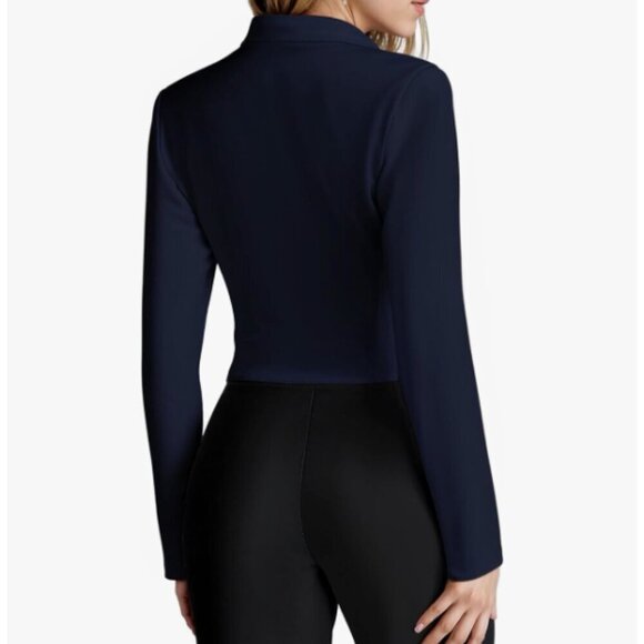 Hybrid & Company Super Stretch Navy Military Crop Blazer with Gold Accents, 1X - Picture 3 of 13